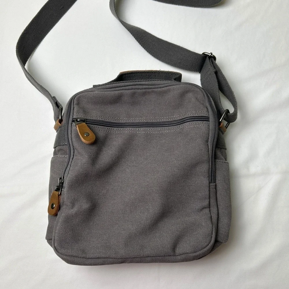 Plambag Mens Gray Canvas Multi Pocket Messenger Crossbody Bag Medium Gray
